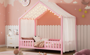 English Elm Montessori House Bed Frame Twin with Canopy & Full Guardrails, Cozy Kids Platform Bed for Toddlers Pink 81.5 L x 16 W x 6.6 H N733P356043H