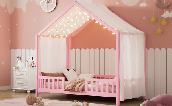 English Elm Montessori House Bed Frame Twin with Canopy & Full Guardrails, Cozy Kids Platform Bed for Toddlers Pink 81.5 L x 16 W x 6.6 H N733P356043H