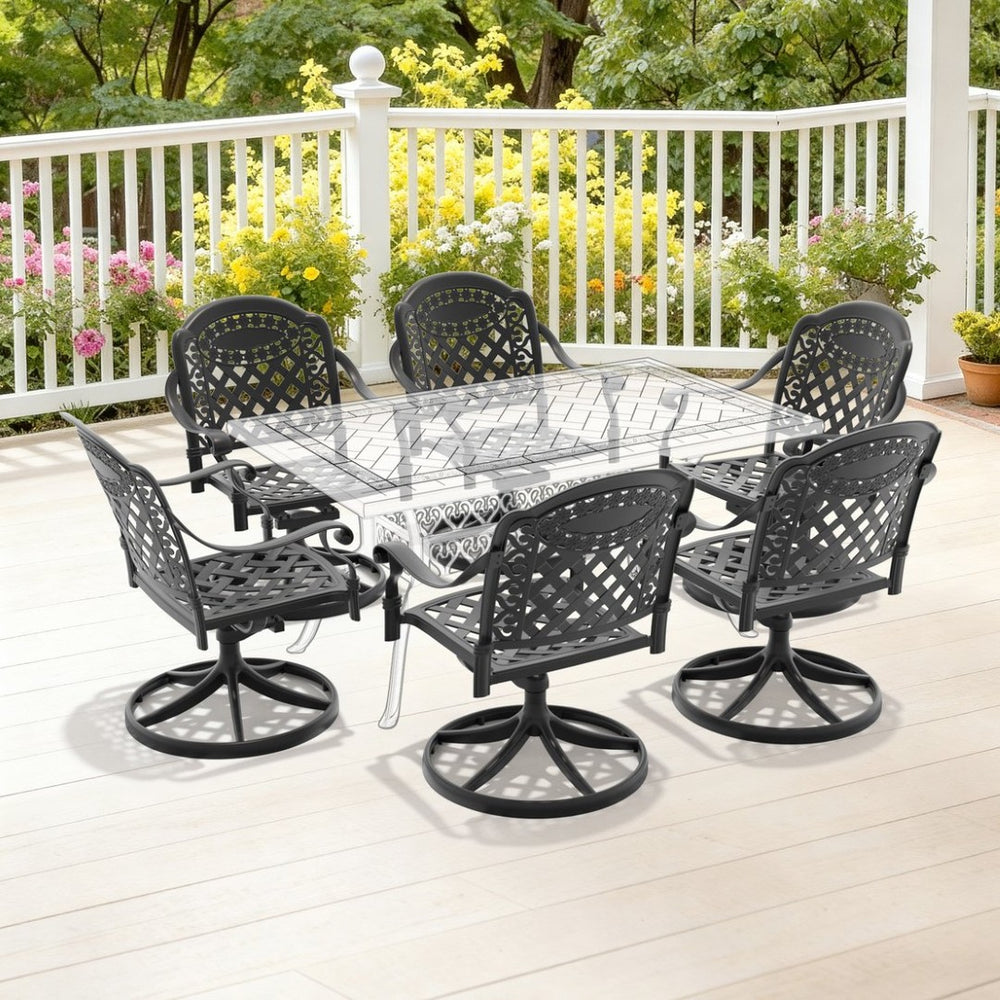 English Elm Cast Aluminum Swivel Outdoor Chairs Six Piece Set Ornate Carved Frame Weather Resistant W1710S00672