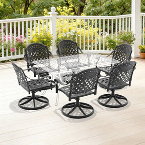 English Elm Cast Aluminum Swivel Outdoor Chairs Six Piece Set Ornate Carved Frame Weather Resistant W1710S00672