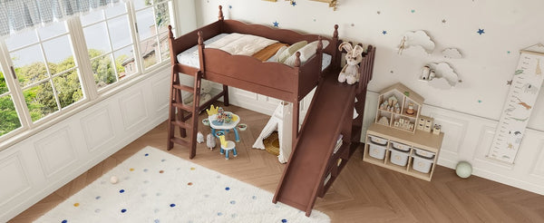 English Elm Twin Loft Bed Solid Pine Frame with Wardrobe Shelving Detachable Slide Kids Room Antique Natural W5305S00020