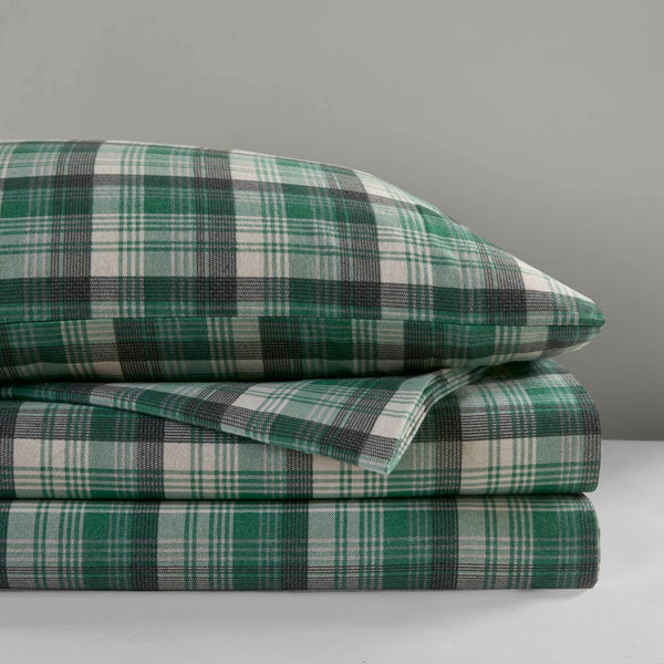 English Elm 4 Pcs Cal King Flannel Sheet Set - Cozy Green Plaid Bedding For Warmth & Timeless Style B035P319785