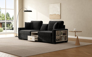 English Elm Modern Chenille Modular Sofa with Built-in Console Storage Armrest for Living Room Black N763S000063B