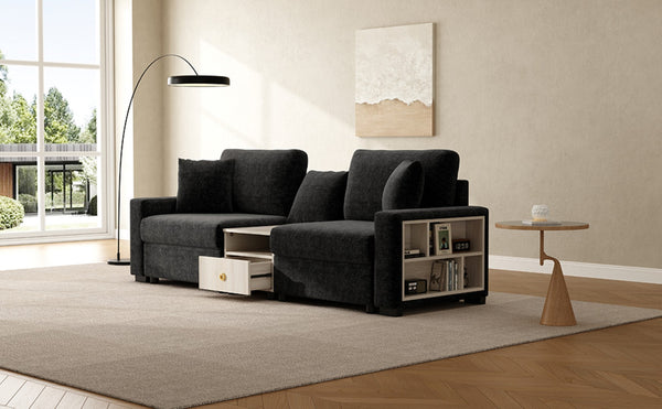 English Elm Modern Chenille Modular Sofa with Built-in Console Storage Armrest for Living Room Black N763S000063B
