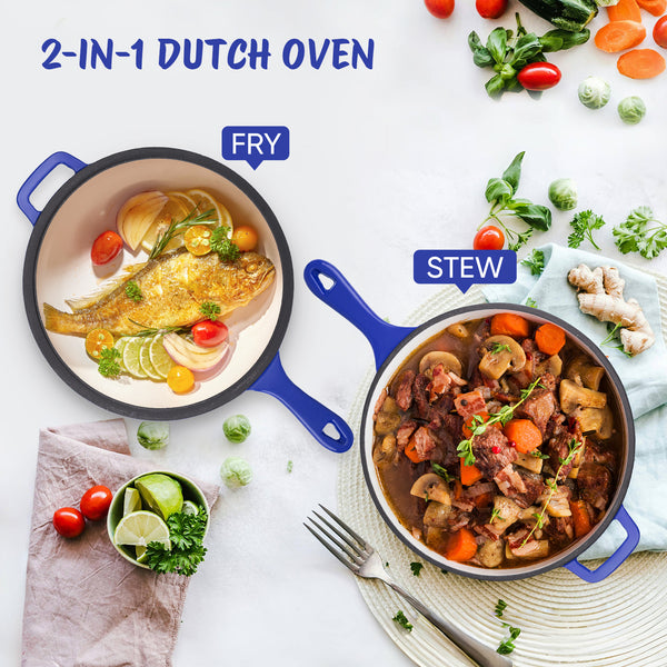 English Elm Enameled Cast Iron Skillets Dutch Oven Set 3QT + 1.5QT – Durable Heat-Retaining, Versatile Cookware Blue T3950P399254