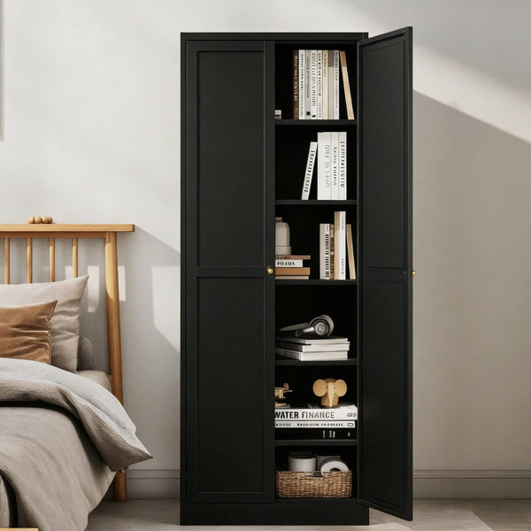 English Elm 61" Matte Black Steel Freestanding Pantry Cabinet with 4 Adjustable Shelves Modern Farmhouse T2398P465984