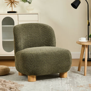 English Elm Boucle Rounded Accent Chair with Rubberwood Legs for Modern Minimalist Living Rooms Natural Wood,Olive Green N776P423410G