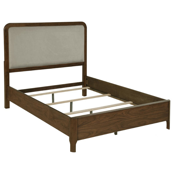 English Elm Verona Queen Panel Bed Walnut Veneer Frame with Padded Taupe Upholstered Headboard B062S01591