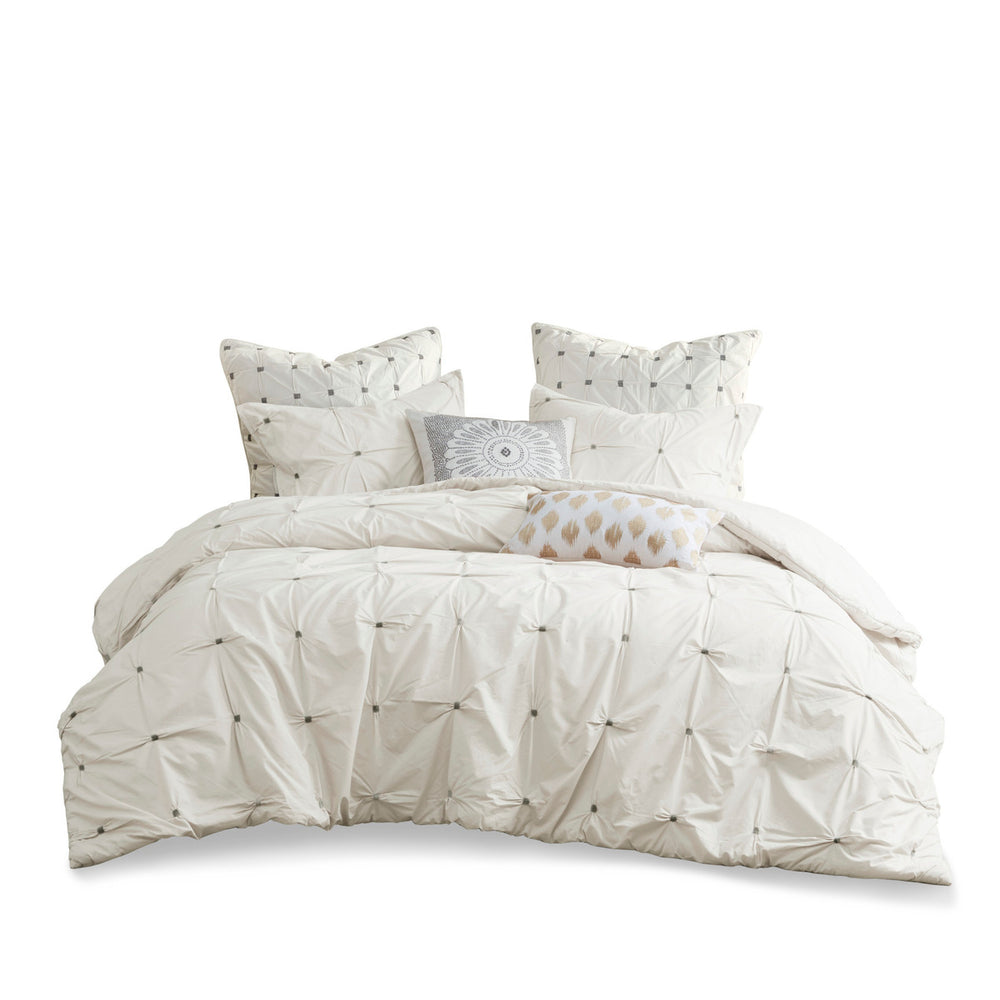 English Elm King/Cal King Masie 3-Piece Elastic Embroidered Cotton Duvet Cover Set — Antimicrobial, Tufted-Inspired Design B03596516