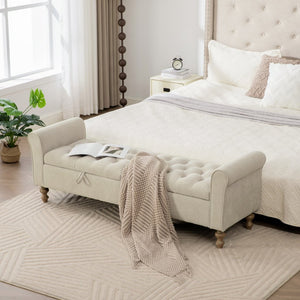 English Elm 65.75" Wide Upholstered Storage Bench Napped Fabric Rolled Arms Rubberwood Legs Greige W3098P397302