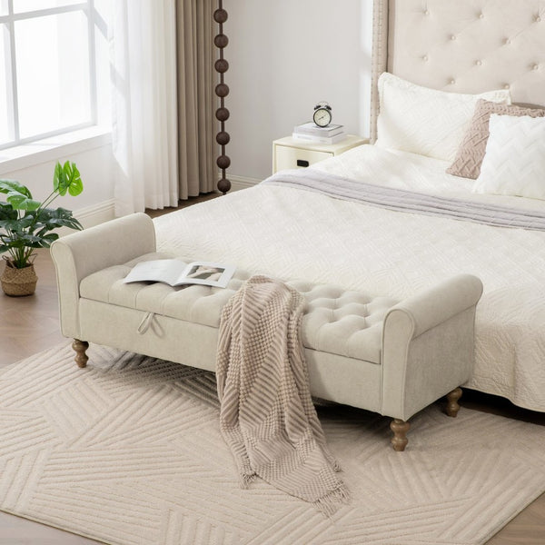 English Elm 65.75" Wide Upholstered Storage Bench Napped Fabric Rolled Arms Rubberwood Legs Greige W3098P397302