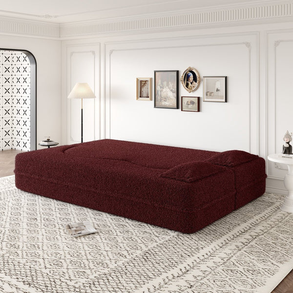 English Elm Modern Full Size Folding Sofa Bed with Teddy Fabric, 15" Foam Sleeper, Removable Covers & 2 Pillows for Guests Burgundy W1885P308173