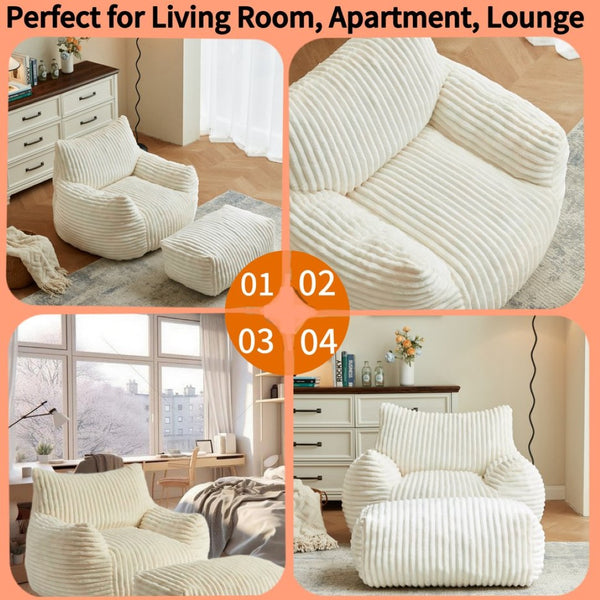 English Elm Curved Corduroy Suede Lounger with Ottoman Ergonomic Support for Modern Small Spaces White W3737P423421
