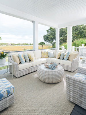 Lexington Tommy Bahama Outdoor 3430-943c Stylish Round Cocktail Table With Artistic White Glass Top For Elegant Outdoor Living Spaces Ivory Wood 3430-943c