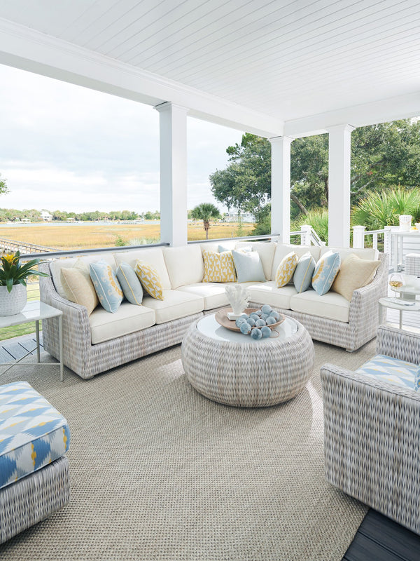 Lexington Tommy Bahama Outdoor 3430-943c Stylish Round Cocktail Table With Artistic White Glass Top For Elegant Outdoor Living Spaces Ivory Wood 3430-943c