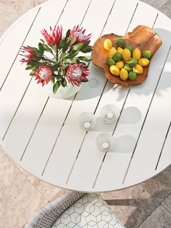 Lexington Tommy Bahama Outdoor 3430-870c Seabrook Round Dining Table – Stylish Outdoor Living With Herringbone Wicker & Glass Top Ivory Wood 3430-870c