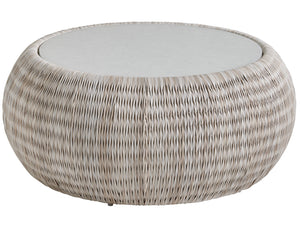 Lexington Tommy Bahama Outdoor 3430-943c Stylish Round Cocktail Table With Artistic White Glass Top For Elegant Outdoor Living Spaces Ivory Wood 3430-943c