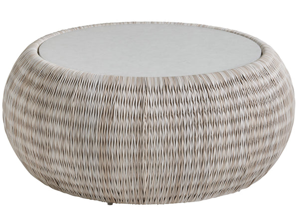 Lexington Tommy Bahama Outdoor 3430-943c Stylish Round Cocktail Table With Artistic White Glass Top For Elegant Outdoor Living Spaces Ivory Wood 3430-943c