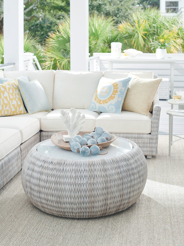 Lexington Tommy Bahama Outdoor 3430-943c Stylish Round Cocktail Table With Artistic White Glass Top For Elegant Outdoor Living Spaces Ivory Wood 3430-943c