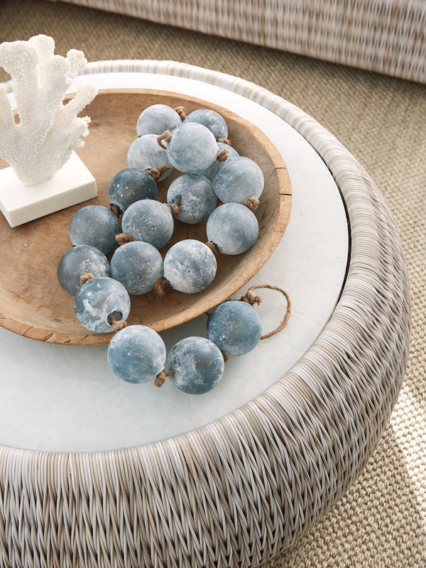 Lexington Tommy Bahama Outdoor 3430-943c Stylish Round Cocktail Table With Artistic White Glass Top For Elegant Outdoor Living Spaces Ivory Wood 3430-943c