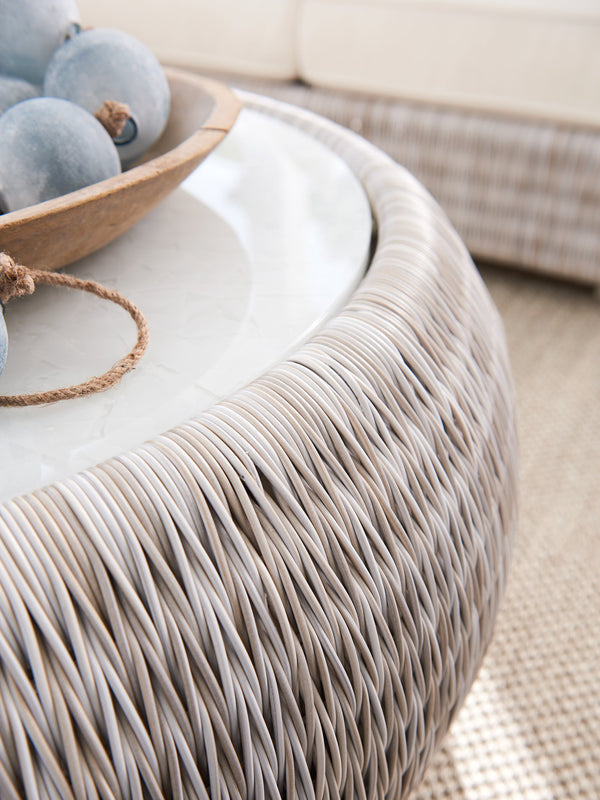 Lexington Tommy Bahama Outdoor 3430-943c Stylish Round Cocktail Table With Artistic White Glass Top For Elegant Outdoor Living Spaces Ivory Wood 3430-943c