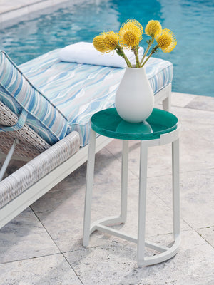 Lexington Tommy Bahama Outdoor 3430-952c Seabrook Accent Table - Chic Outdoor Living With Aquamarine Glass Top & Wicker Elegance Ivory Wood 3430-952c
