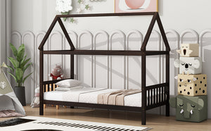 English Elm Twin House Bed with Headboard and Footboard — Space-Saving Rubberwood Frame, Playful Architectural Design Espresso W504P225958