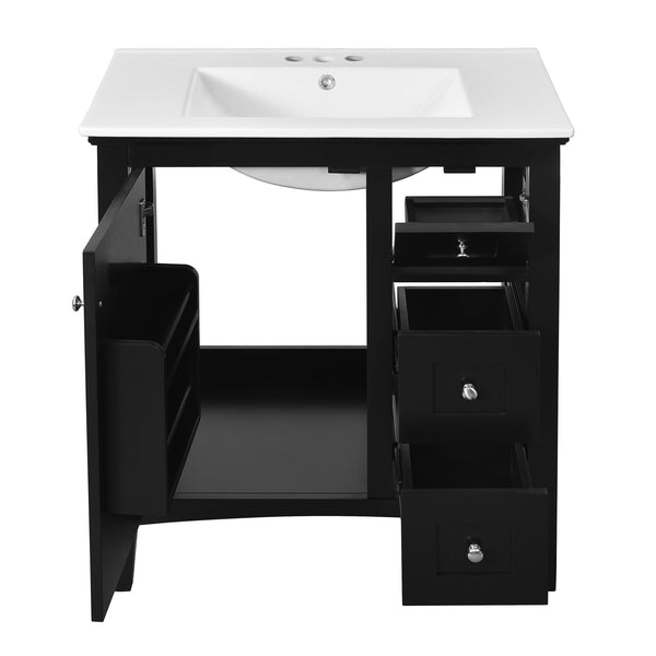 English Elm 30 Inch Bathroom Vanity with Ceramic Sink and 3 Smooth-Glide Drawers, Modern Moisture-Resistant Storage Black N710P252105B