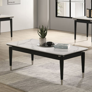 English Elm Contemporary sleek coffee table with sintered stone-look marble top, tapered legs and silver caps for modern elegance and durability Black,White 52 L x 27 W x 5 H B2741P401995