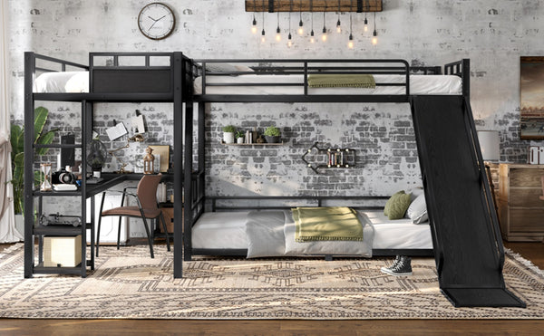 English Elm L-shaped Metal Triple Bunk Bed with Slide Desk Shelves Sleep Study Play Zone W1580S00280