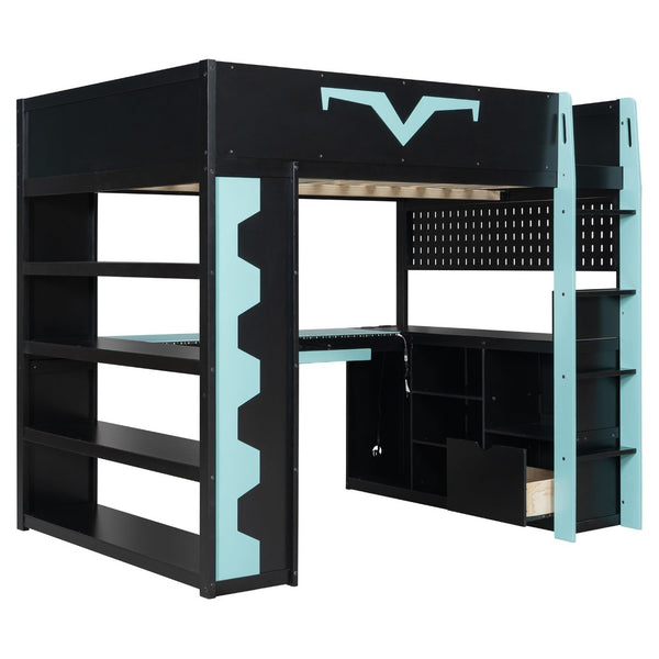 English Elm Full Size Gaming Loft Bed with Desk Rgb Lighting Power Outlet and Storage Drawer Blue LT000285AAC