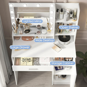 English Elm Vanity LED Mirror Dressing Table with Touch Controls, Large Drawer & Smart Storage for Bedroom White W2386P288809