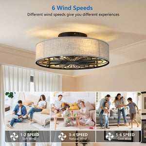 English Elm Caged 20" Flush Mount Ceiling Fan with Remote, Bohemian White Fabric Shade, LED Bladeless Silent Fan W1340P343836