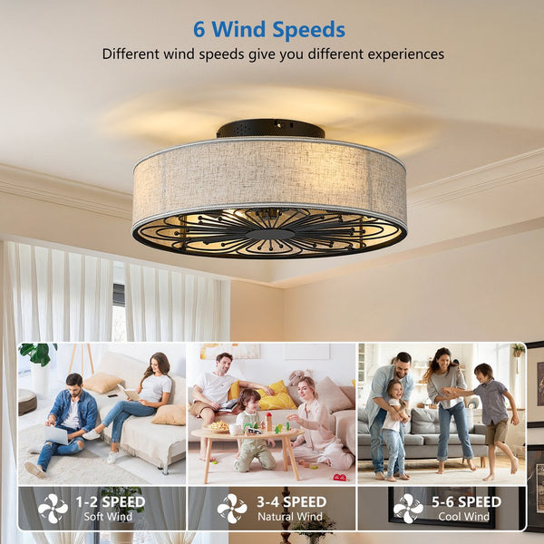 English Elm Caged 20" Flush Mount Ceiling Fan with Remote, Bohemian White Fabric Shade, LED Bladeless Silent Fan W1340P343836