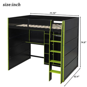 English Elm Full Size Loft Bed with Rgb Lighting Desk Open Wardrobe and Storage for Gaming Rooms Green LT000277AAG