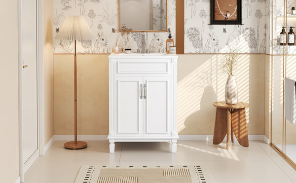 English Elm 24'' Bathroom Vanity with Sink - Solid Wood Frame, Glossy Ceramic Basin, Soft-Close Doors & Ample Storage Elegant Modern Design, Durable MDF Construction, Retro Metal Handles, Compact 24-inch Cabinet White N710P317675K