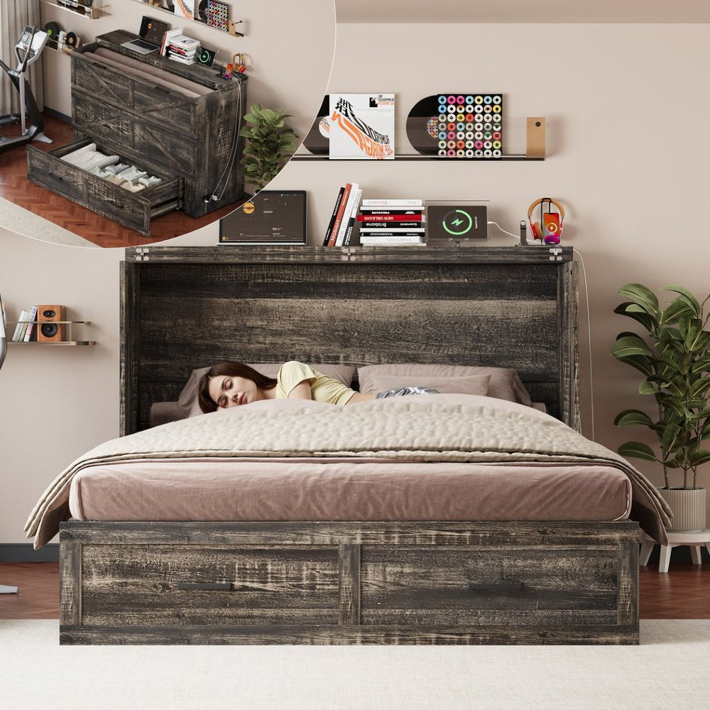 English Elm Queen Murphy Cabinet Bed Rustic Grey Farmhouse Style with Charging Station Storage W5271S00001