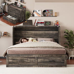 English Elm Queen Murphy Cabinet Bed Rustic Grey Farmhouse Style with Charging Station Storage W5271S00001