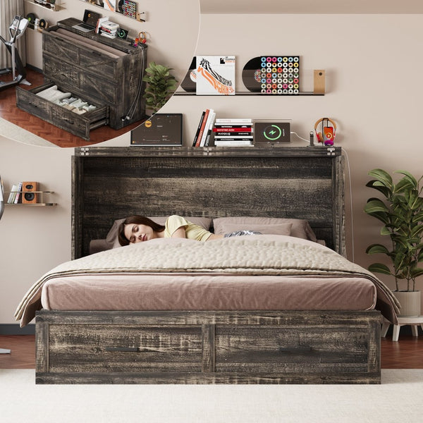 English Elm Queen Murphy Cabinet Bed Rustic Grey Farmhouse Style with Charging Station Storage W5271S00001