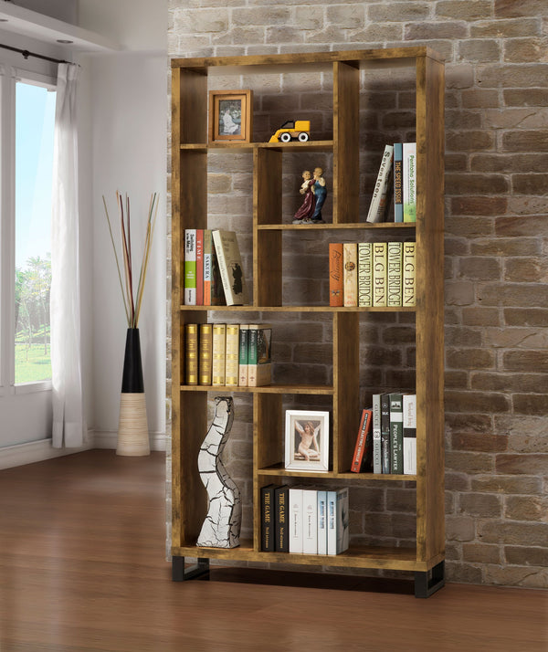 English Elm 1pc Industrial Bookcase 10-Tier Rustic Antique Nutmeg with Black Metal Base – Tall 34.75x11.5x70.75" Organizer for Living Room Office Decor B011P305634