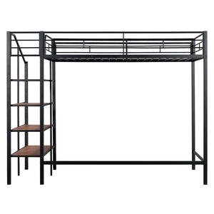 English Elm Twin Metal Loft Bed with Upper Grid Storage Shelf and 4-Layer Ladder Shelves for Space Saving Black SF100081AAB