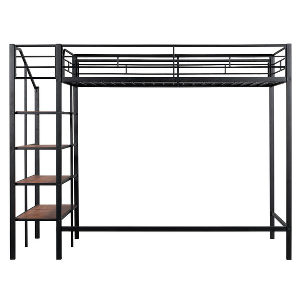 English Elm Twin Metal Loft Bed with Upper Grid Storage Shelf and 4-Layer Ladder Shelves for Space Saving Black SF100081AAB