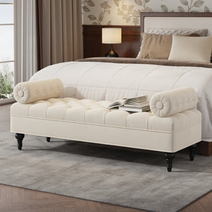 English Elm Modern Tufted Velvet Bench with Gourd Legs and Pillows for Bedroom Entryway Beige N761P335807W
