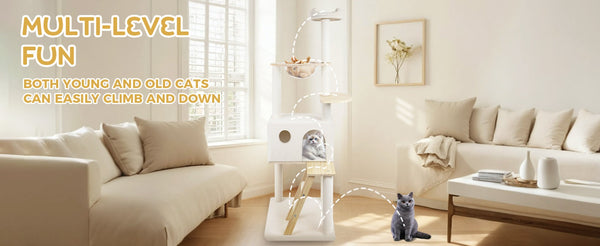 English Elm Wood Multi-level Cat Tower with Transparent Pod Condo Sisal Posts and Plush Perches W243P326634