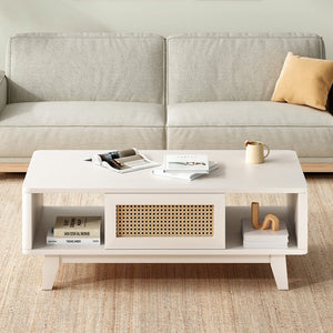 English Elm Coffee Mid Century Storage Coffee Table with Rattan Drawer, Solid Wood Legs, Durable 110lb Capacity White T3623P380669
