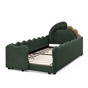 English Elm Twin Dinosaur Boucle Upholstered Kids Bed Solid Wood Frame with Padded Safety Rails Green W1413P385005