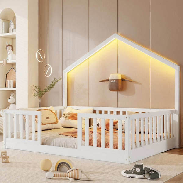 English Elm Twin Montessori Floor Bed House Frame with Led Lighting and Safety Rails for Kids White W2593P440604