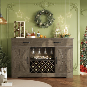 English Elm Coffee Bar Buffet Sideboard with Wine Rack Stemware Holder and Drawers in Oak Gray T3773P417369