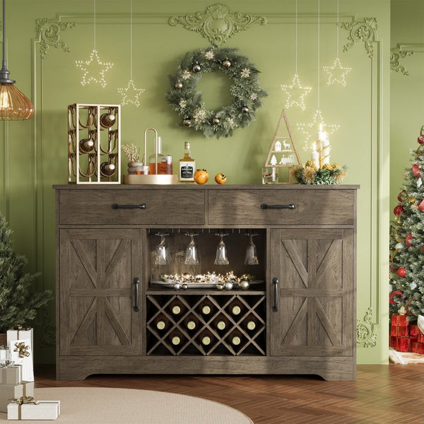English Elm Coffee Bar Buffet Sideboard with Wine Rack Stemware Holder and Drawers in Oak Gray T3773P417369