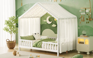 English Elm Montessori House Bed Frame Twin with Canopy & Full Guardrails, Cozy Kids Platform Bed for Toddlers White 77.8 L x 17.25 W x 7 H N733P356048K